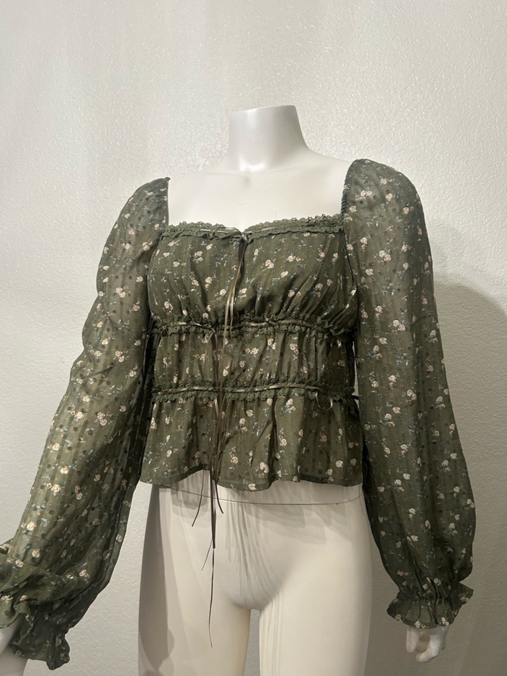 And Now This Women’s Olive Green Floral Peasant Blouse